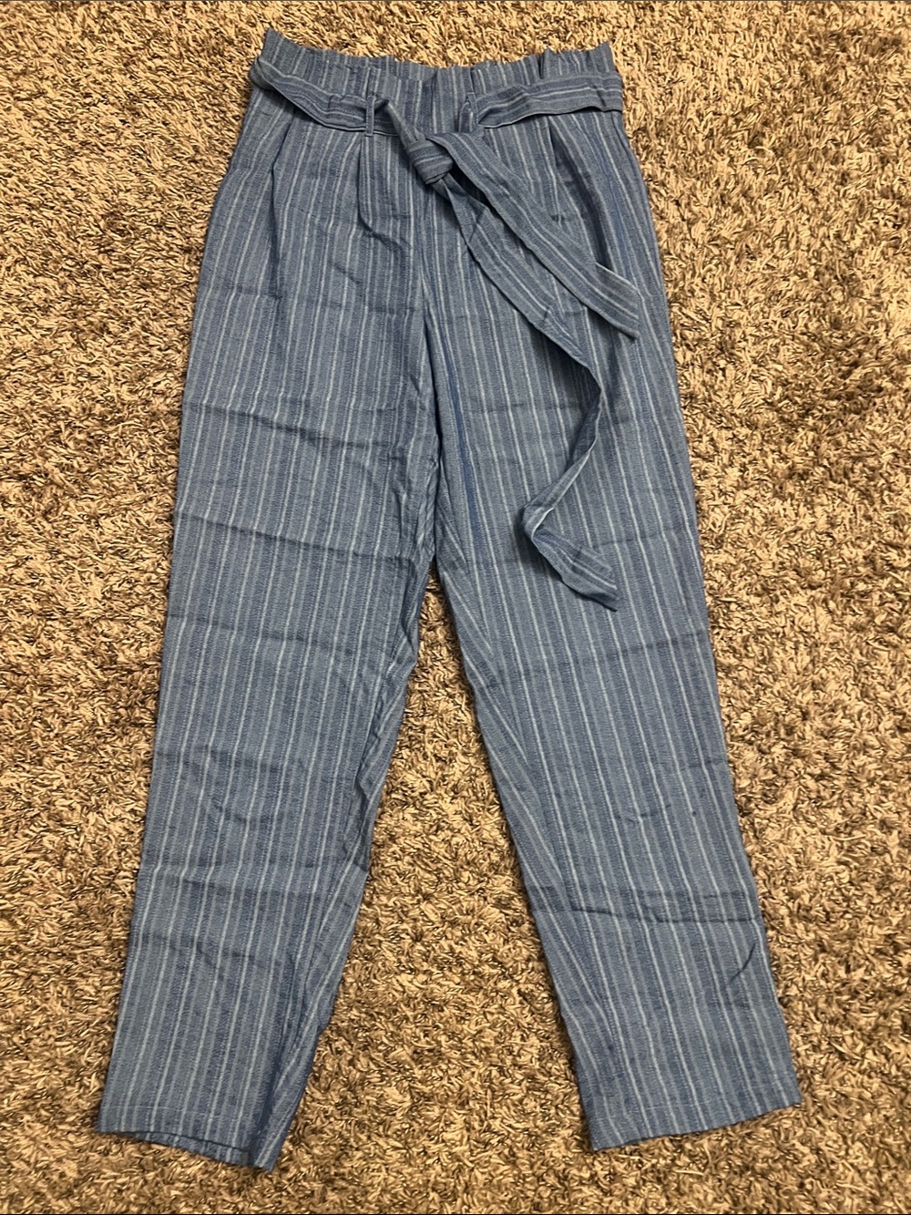 High-Waist Tie-Belt Stripe Pants - Blue